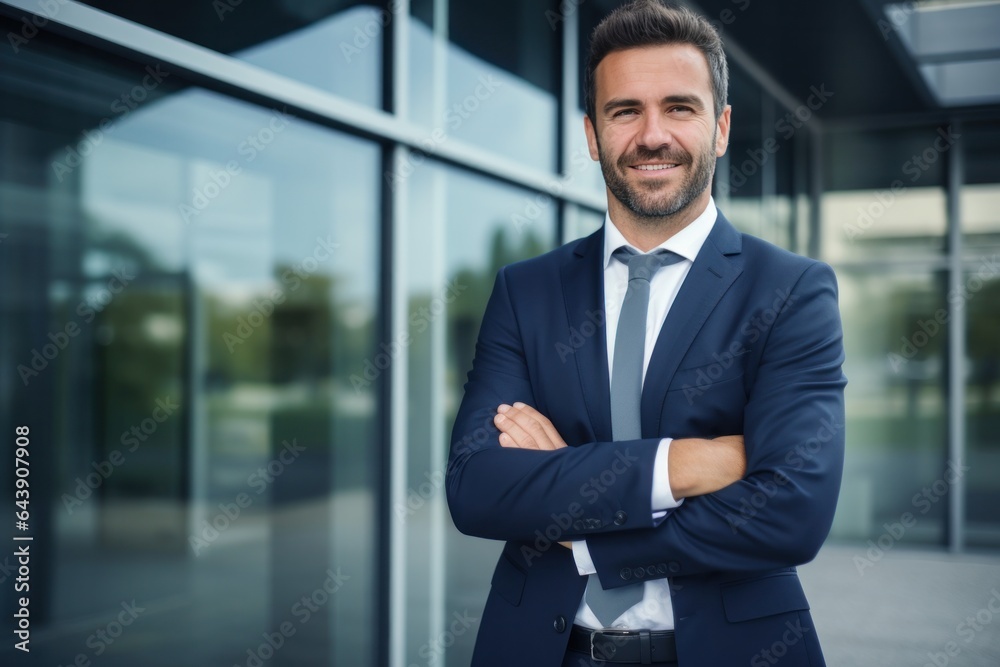 A businessman standing outside of an office.. A businessman standing outside of an office..