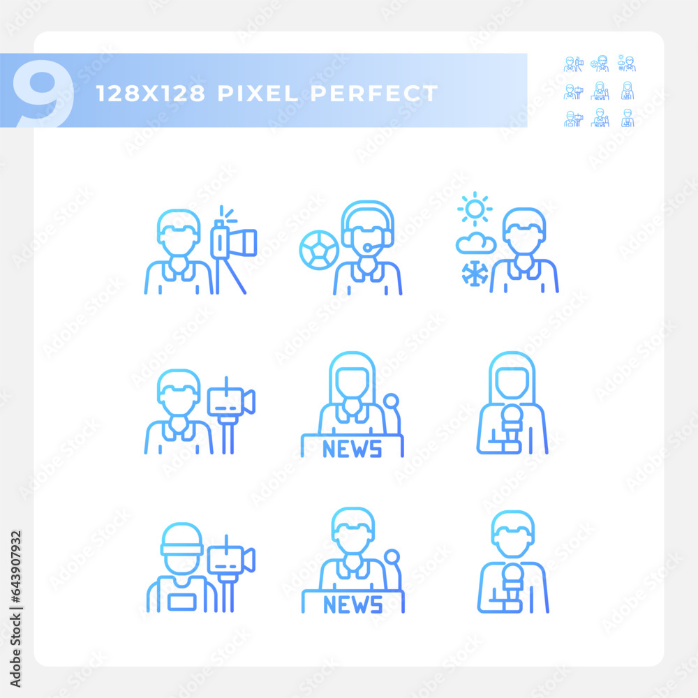 Pixel perfect icons set representing journalism, gradient thin line blue illustration Pixel perfect icons set representing journalism, gradient thin line blue illustration
