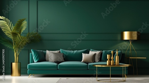 Modern living room in emerald colors