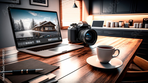 Modern home office setup with a laptop, coffee cup, photographic camera, on a wooden desk. photo