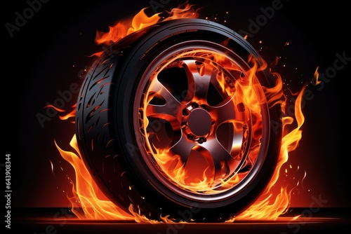 Car tire in fire background.