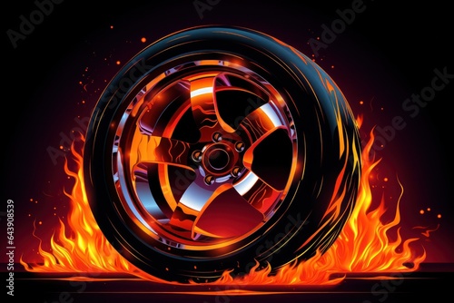 Car tire in fire background.