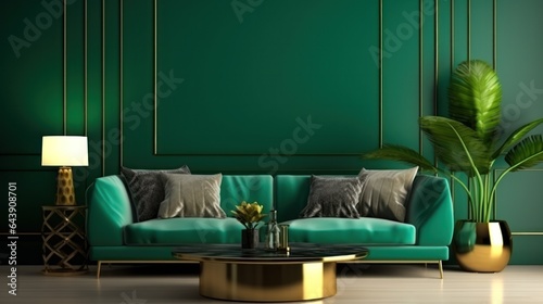 Modern living room in emerald colors