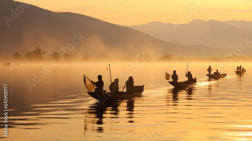Image of people rowing boats to catch a lot of fish at Inle, Burma, morning light. generative ai
