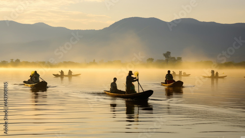 Image of people rowing boats to catch a lot of fish at Inle, Burma, morning light. generative ai