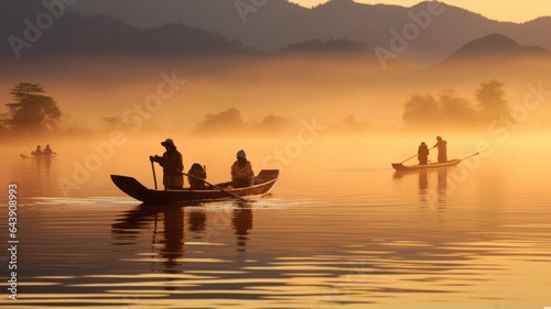 Image of people rowing boats to catch a lot of fish at Inle, Burma, morning light. generative ai