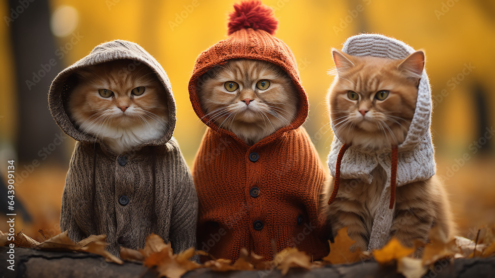 a group of cute kittens in an autumn park, dressed in small clothes, joke calendar greeting, autumn look a group of cute kittens in an autumn park, dressed in small clothes, joke calendar greeting, autumn look