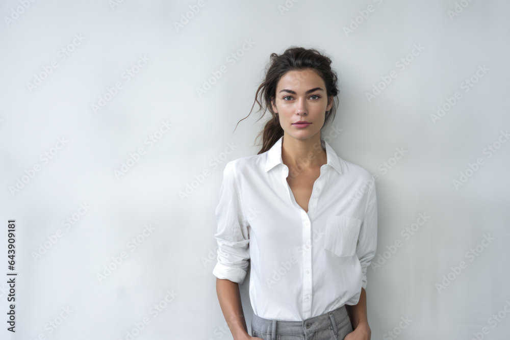 Beautiful woman leaning against a white wall Beautiful woman leaning against a white wall