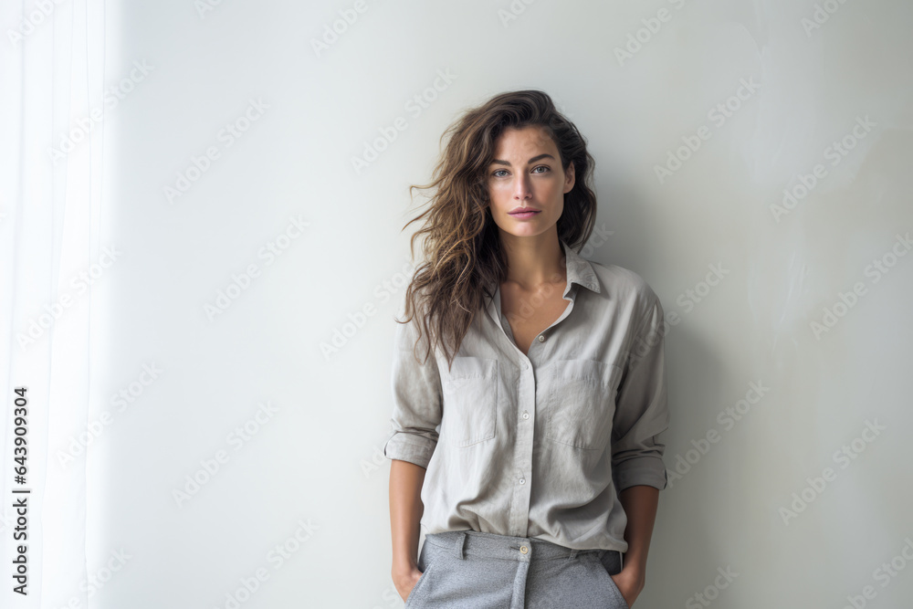 Beautiful woman leaning against a white wall Beautiful woman leaning against a white wall