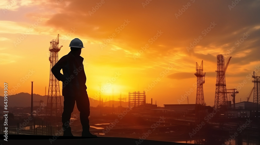 Fototapeta premium Silhouette engineer standing orders for construction crews to work on high ground heavy industry generative ai