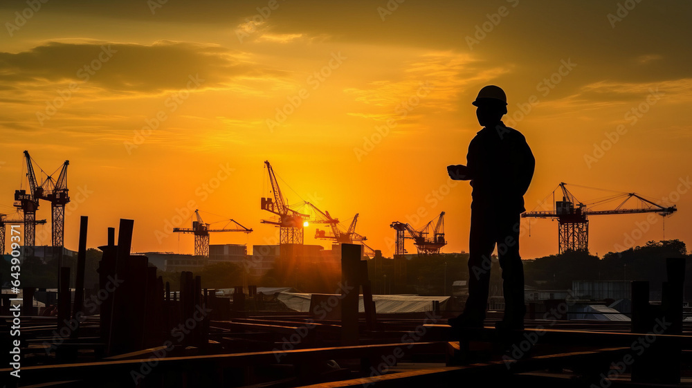 Fototapeta premium Silhouette engineer standing orders for construction crews to work on high ground heavy industry generative ai
