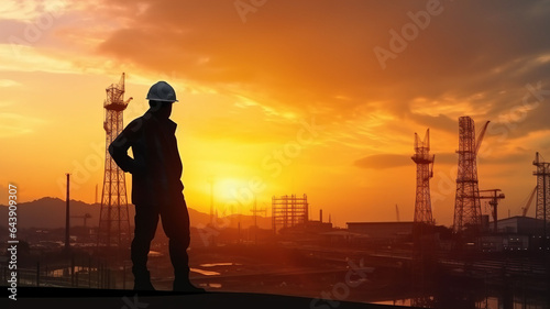 Silhouette engineer standing orders for construction crews to work on high ground heavy industry  generative ai