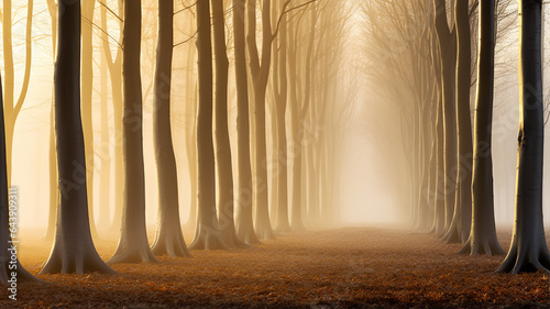 autumn forest in morning fog, nature landscape in October, view of a stillness park