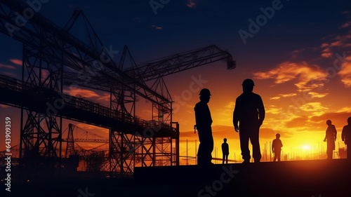 Silhouette engineer standing orders for construction crews to work on high ground heavy industry generative ai