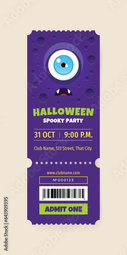Halloween party ticket template. Illustration of a funny monster eye on a purple background. Vector 10 EPS.