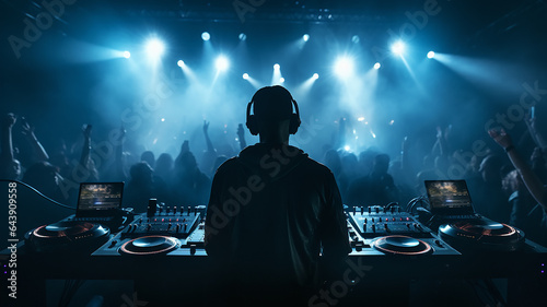 silhouette of a DJ at the remote control, a view from the back against the background of a nightclub with a crowd of dancing people, a night disco music festival