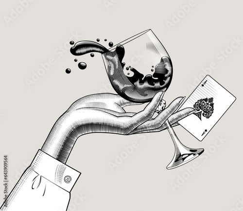 A woman's hand holds in her fingers a glass with splashes of wine and an ace of spades playing card. Black and white vintage engraving stylized drawing. 
Vector illustration