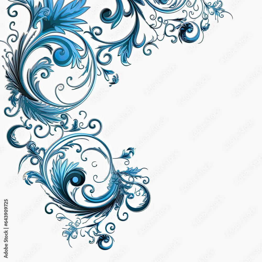 Blue elaborate filigree corner borders on white Background, AI Generated Blue elaborate filigree corner borders on white Background, AI Generated