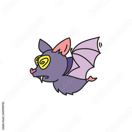 Funny doodle bat. Doodle illustration of a dizzy purple bat isolated on a white background. Vector 10 EPS.