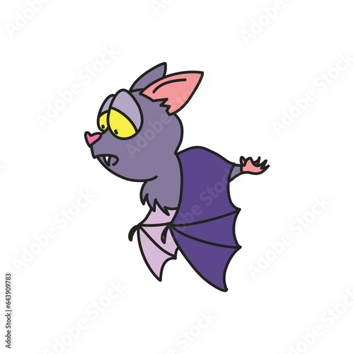 Funny doodle bat. Cartoon illustration of a sad purple bat isolated on a white background. Vector 10 EPS.