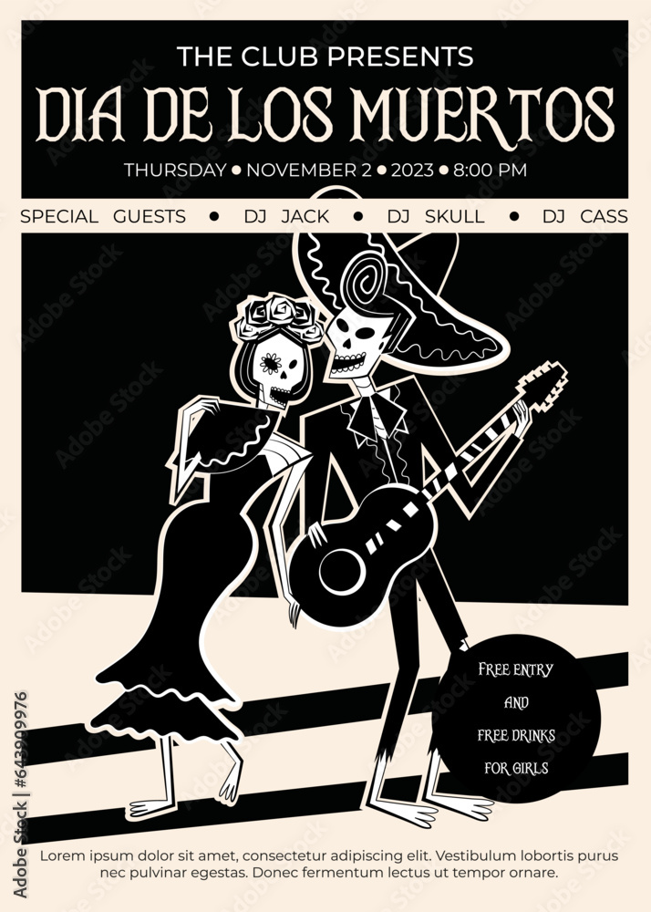 Day of the Dead party club poster. Traditional Day of the Dead symbols skeleton male and