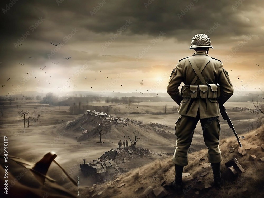 soldier watching over a hill over a destroyed battlefield and world war concepts. losses from war soldier watching over a hill over a destroyed battlefield and world war concepts. losses from war