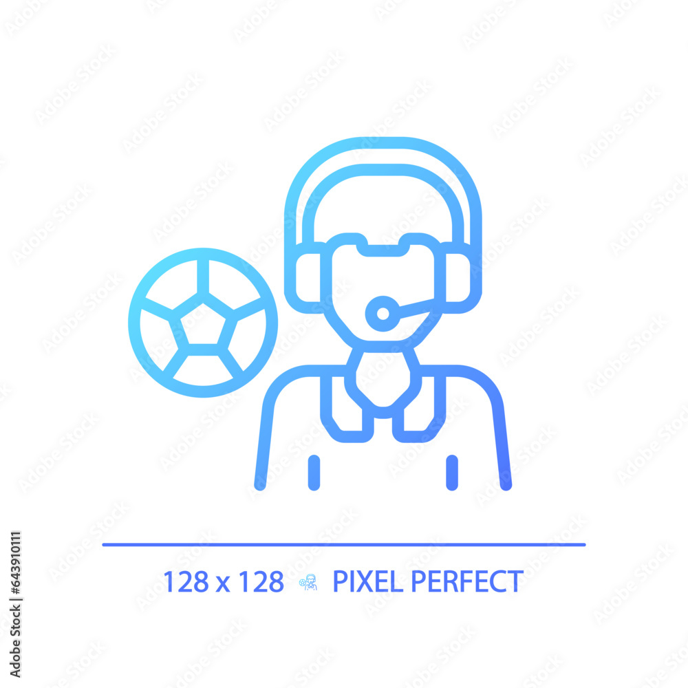 2D pixel perfect gradient sport newscaster icon, isolated vector, thin line blue illustration representing journalism. 2D pixel perfect gradient sport newscaster icon, isolated vector, thin line blue illustration representing journalism.