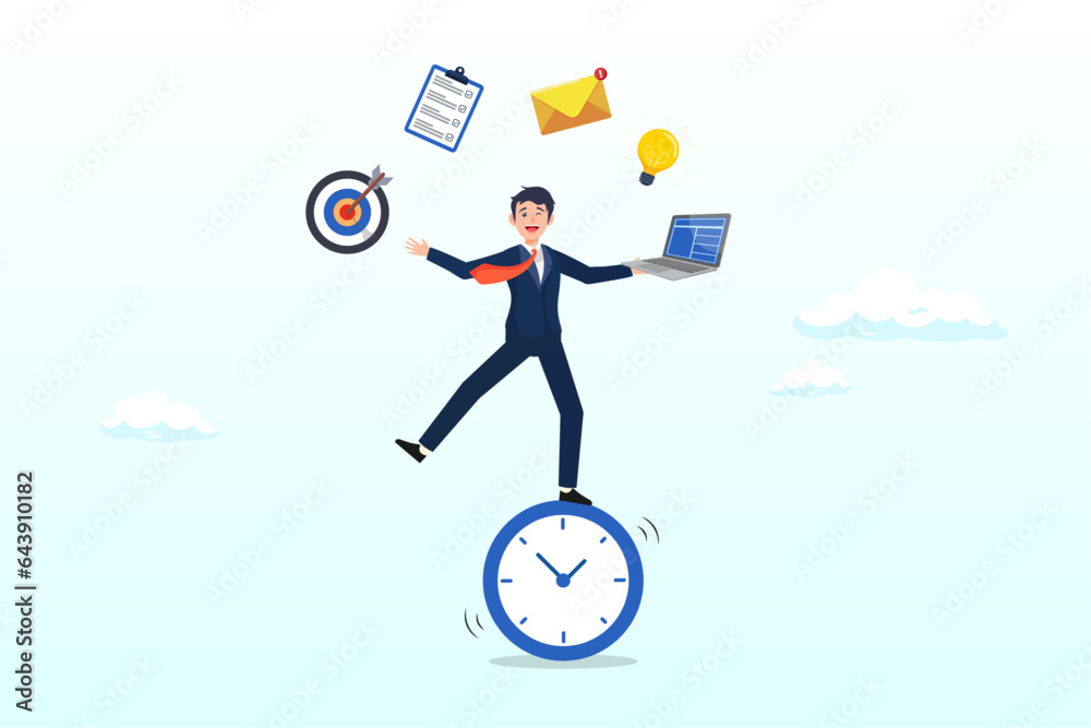 Productive businessman balance on clock managing tasks, productive man, multitasking or time management professional, productivity or entrepreneurship, work efficiency, organize schedule (Vector)