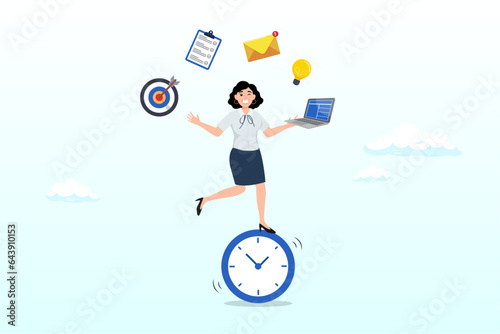 Productive businesswoman balance on clock managing tasks, productive woman, multitasking or time management professional, productivity or entrepreneurship, work efficiency, organize schedule (Vector)