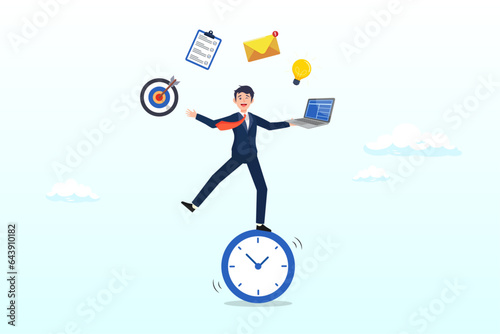 Productive businessman balance on clock managing tasks, productive man, multitasking or time management professional, productivity or entrepreneurship, work efficiency, organize schedule (Vector)