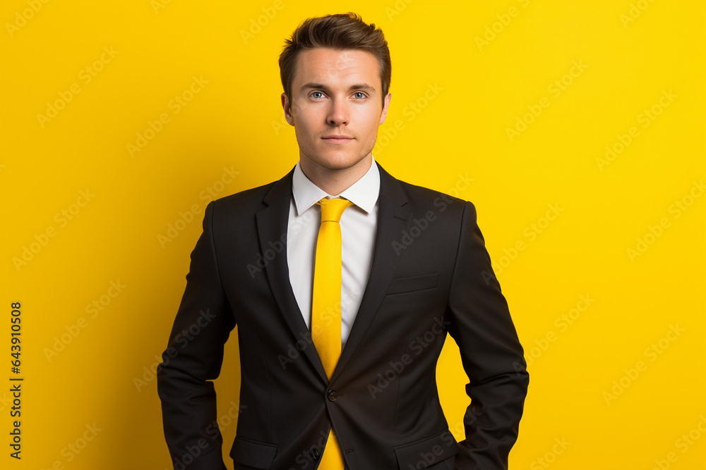 A handsome businessman standing in front of a yellow background, Generative AI A handsome businessman standing in front of a yellow background, Generative AI