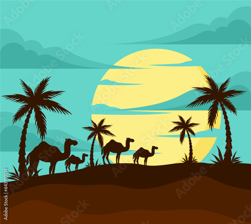 beach with palms and camel ilustration vector