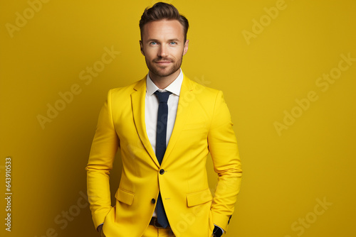 A handsome businessman standing in front of a yellow background, Generative AI