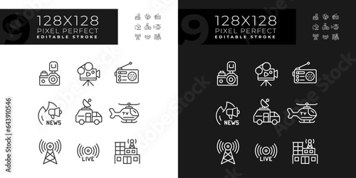 Pixel perfect dark and light icons representing journalism, editable thin line illustration set.