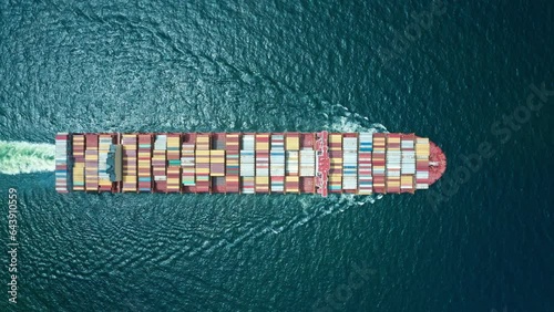 4K resolution high angle view of a container ship sailing at the sea for transportation.