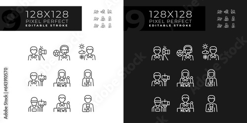 Pixel perfect icons set representing journalism, editable dark and light thin line illustration.