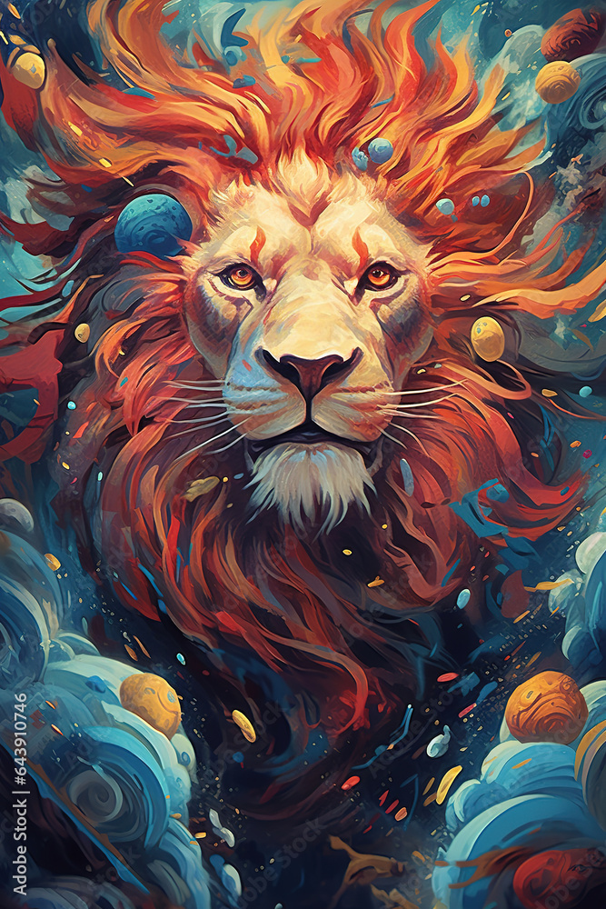The majestic lion and space fractal elements, stunning watercolor painting, beautiful generative art for interior decoration