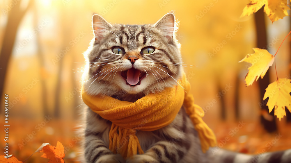 the cat is dressed in an autumn warm scarf in a park with fallen leaves calendar October