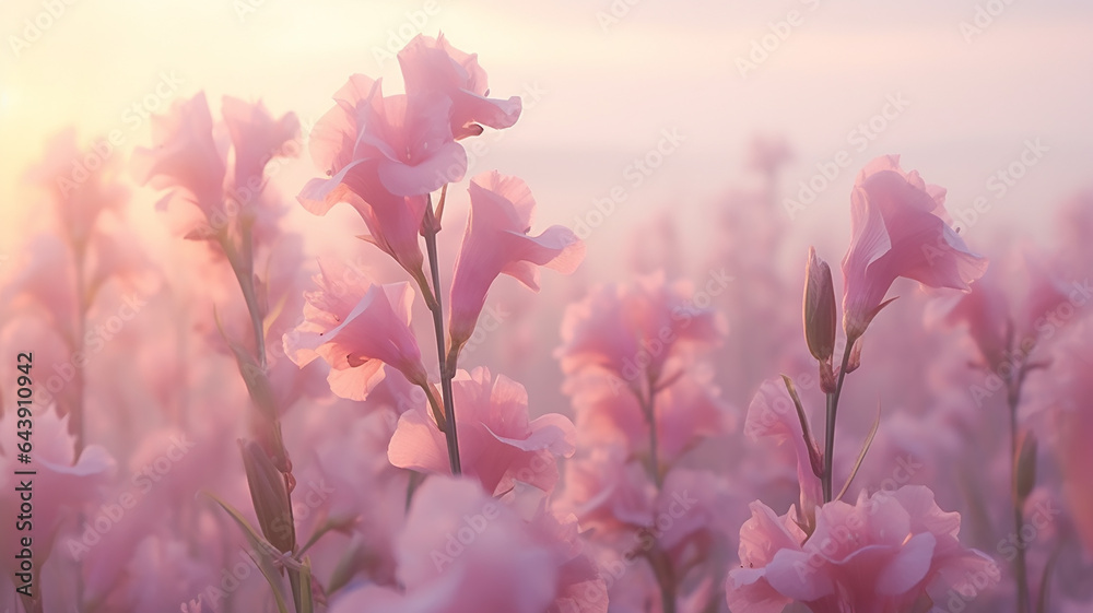 Obraz premium pink flowers nature background gladioli, delicate pastel colors, landscape field of flowers