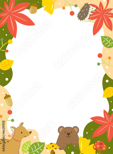 紅葉とかわいい動物のフレーム