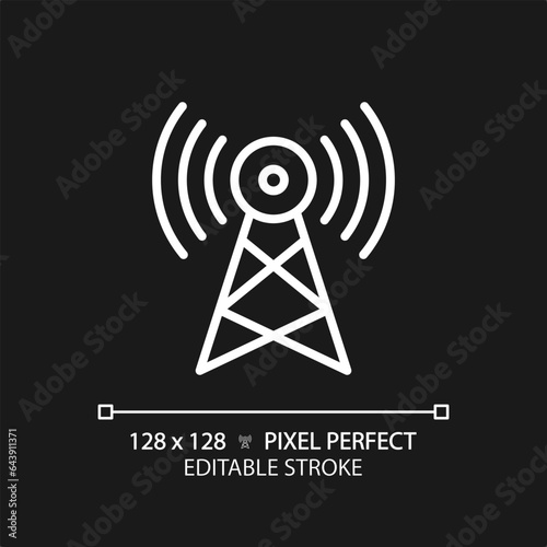2D pixel perfect editable white satellite tower icon, isolated vector, thin line illustration representing journalism.