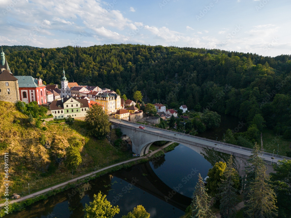 The beautiful city of Loket in the Czech Republic, the beautiful center at the top is the castle of Loket