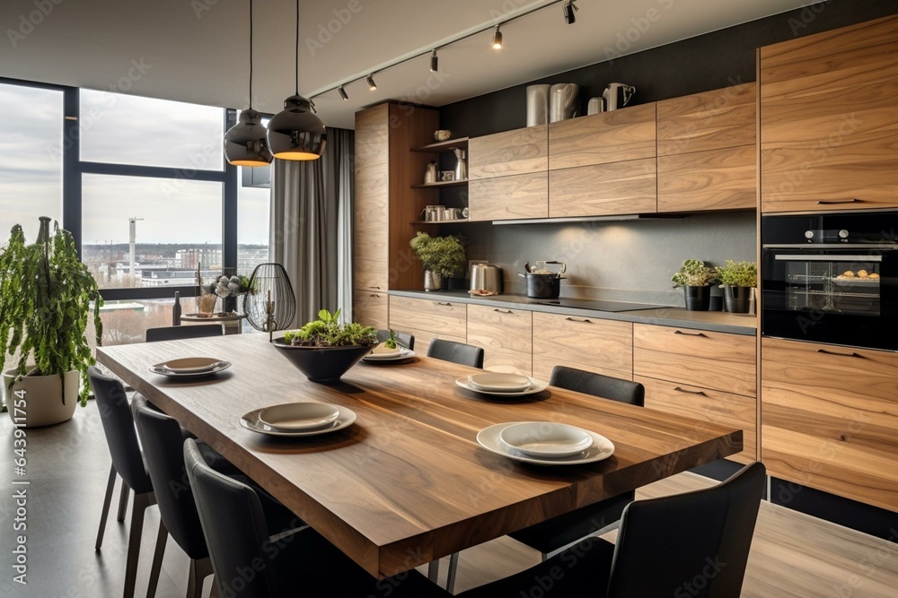 Modern kitchen with wooden furniture and bright dining space, perfect for luxurious apartments. Generative AI