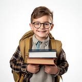Picture of a young student with books, glasses, and a bag. Generative Ai.