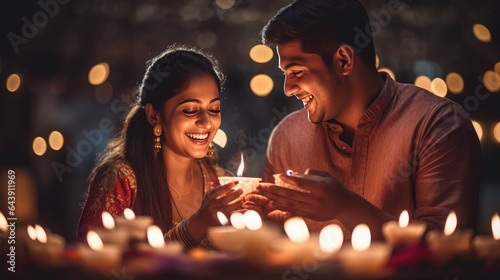 Smiling youthful joyous happy married couple celebrating Diwali together. Generative Ai.