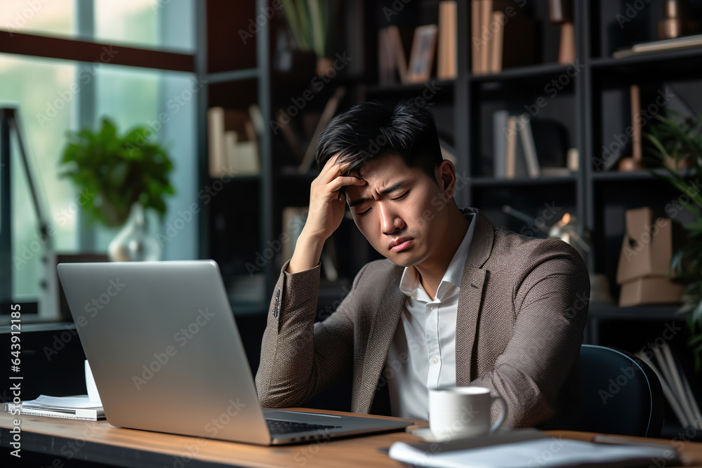 Stressed asian business man having headache while working on business. Man worker suffer migraines in office. Stressed asian business man having headache while working on business. Man worker suffer migraines in office.