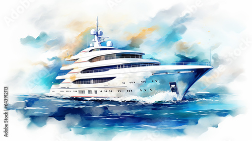beautiful watercolor luxury yacht over ocean water on white background