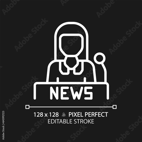 2D pixel perfect editable white female newscaster icon, isolated vector, thin line illustration representing journalism. © bsd studio