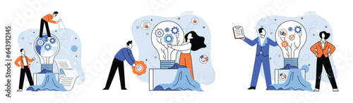 Team solving complex problems. Teamwork vector illustration metaphor. Miniature scene of workers trying to solve problem Teamwork solve problem, strategy plan to work together for success concept