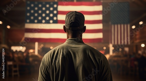 Back of an American military with the US flag. Generative Ai.